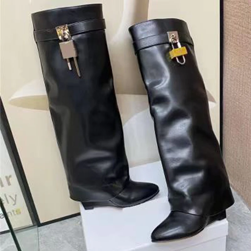 

2022 Metal Lock Women Boots Genuine Leather Wedge Heel Pointed Toe Slip-on Knee High Boots Sexy Party Shoes Botas Mujer