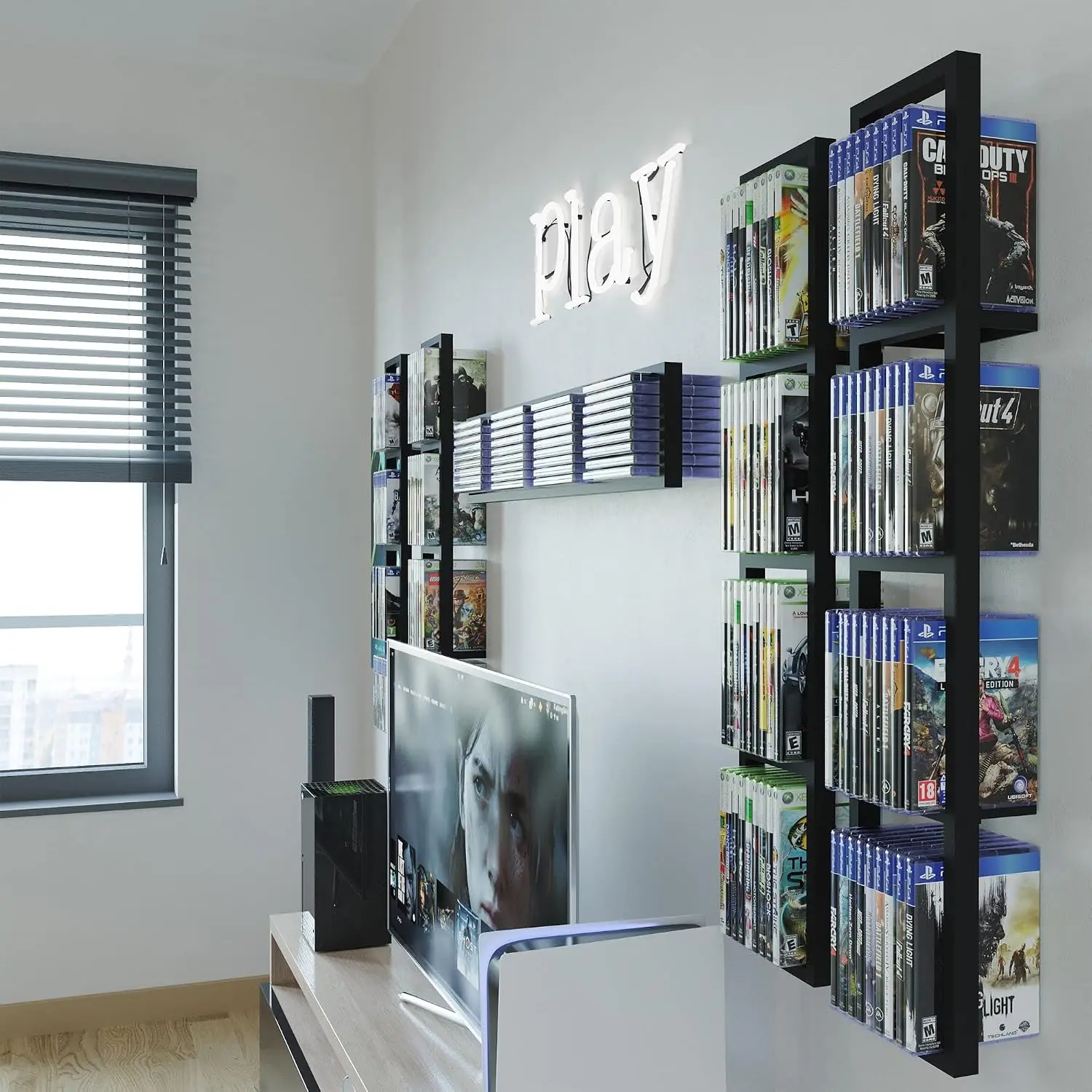 You Have Space Black Floating Shelves for Wall, 34 Inch Video Games CD DVD Storage Shelves, Cube Storage Organizer Shelf Set of