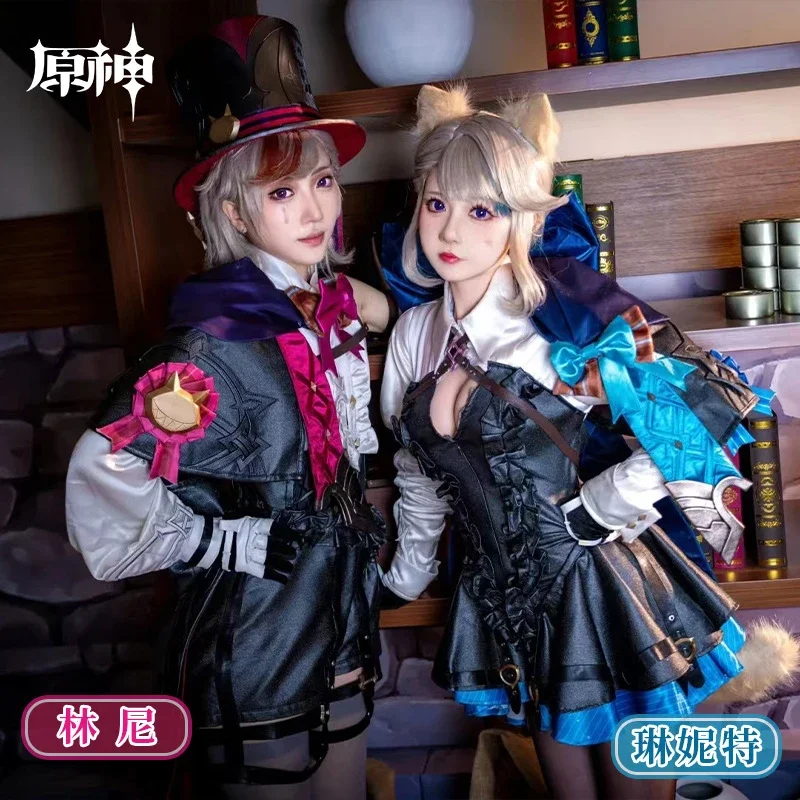 MN1 Anime Game Genshin Impact Cosplay Costume Lyney Lynette Magician Leather Uniform Dress Wig Full Set Carnival Party Chris9*Jy