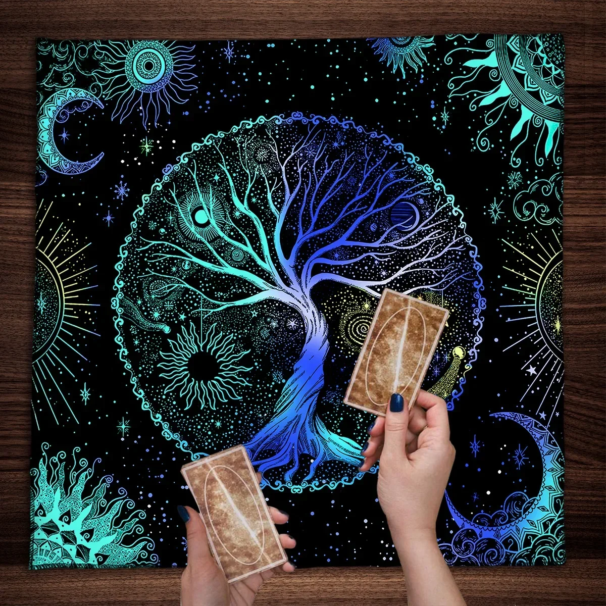 50/75/110cm Tarot Card Mat Blue Life Tree Tarot Tablecloth Sun Moon Starry Sky Altar Cloth Reading Cover Witchcraft Astrology