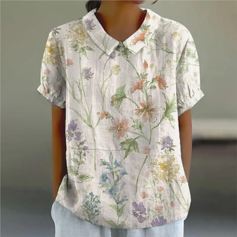 Summer Fashion Floral Print Short Sleeve Shirt 2024 Women's Doll Neck Loose Casual Shirts Tops Spring Autumn Women Clothing