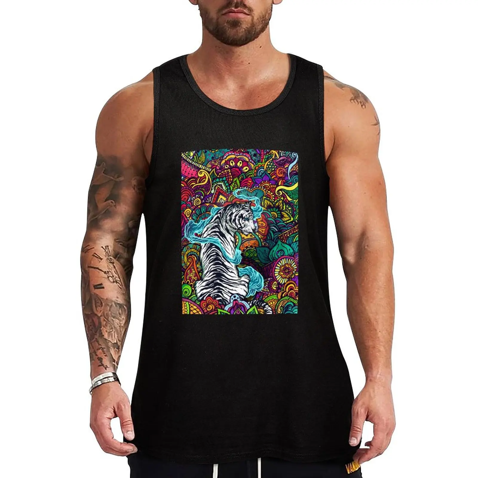 

The White Tiger -Tiger with colorful floral pattern Tank Top Men's sports t-shirt man vest Man clothes for gym