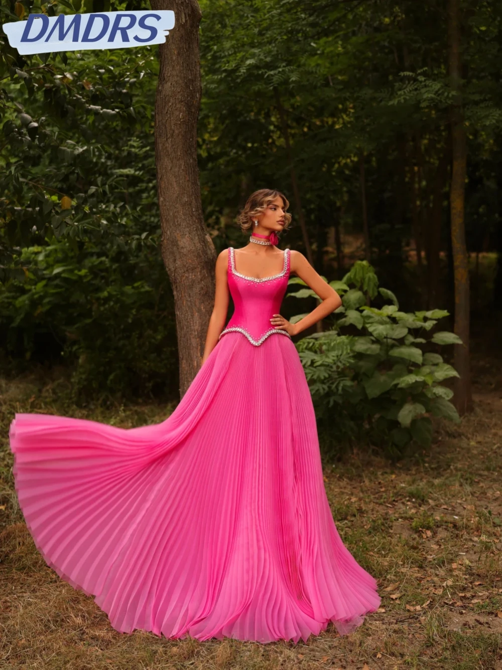 

Hot Pink With Beaded Corset Evening Dress Pleated Strapless A-line Long Wedding Party Gown Customized Exquisite Prom Dresses