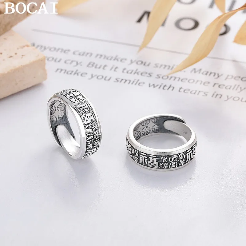 

BOCAI NEW S925 Sterling Silver Vintage Chinese Style Baifu Open Ring