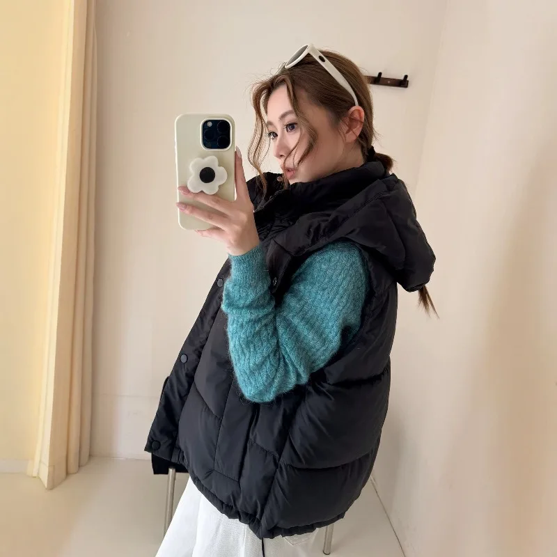 Women Quilted Hooded Winter Puffer Vest Zip‑Snap Front Closure Drawstring Hem Sleeveless Jackets Loose Fit Warm Outer Garment