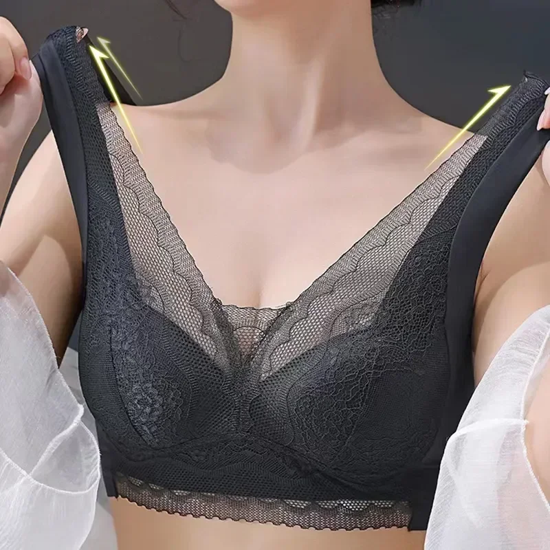 

V-neck Lace Bras Tube Top Vest Style Fixed Cup Wrapping Chest Wide Shoulders Push Up Anti-sagging Bra Breasts Women Underwear