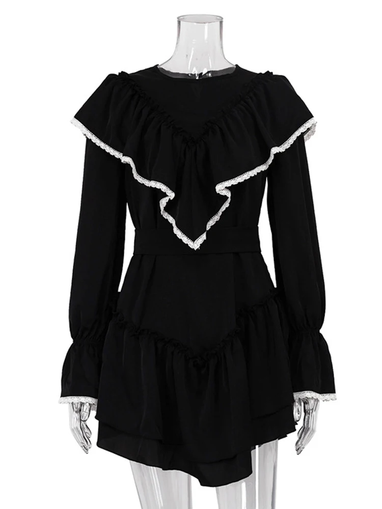 Mueyaruho 2023 Autumn Winter Women Elegant Sweet Mini Dress Solid Black Long Sleeve Ruffle Flare Dress Female