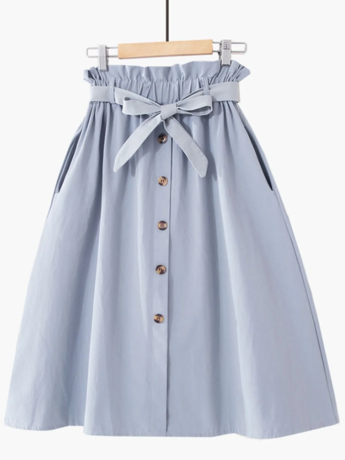 Autumn New Korean Elastic High Waisted Pocket Artistic A-line Large Skirt Single Breasted Versatile Solid Color Cotton Skirt