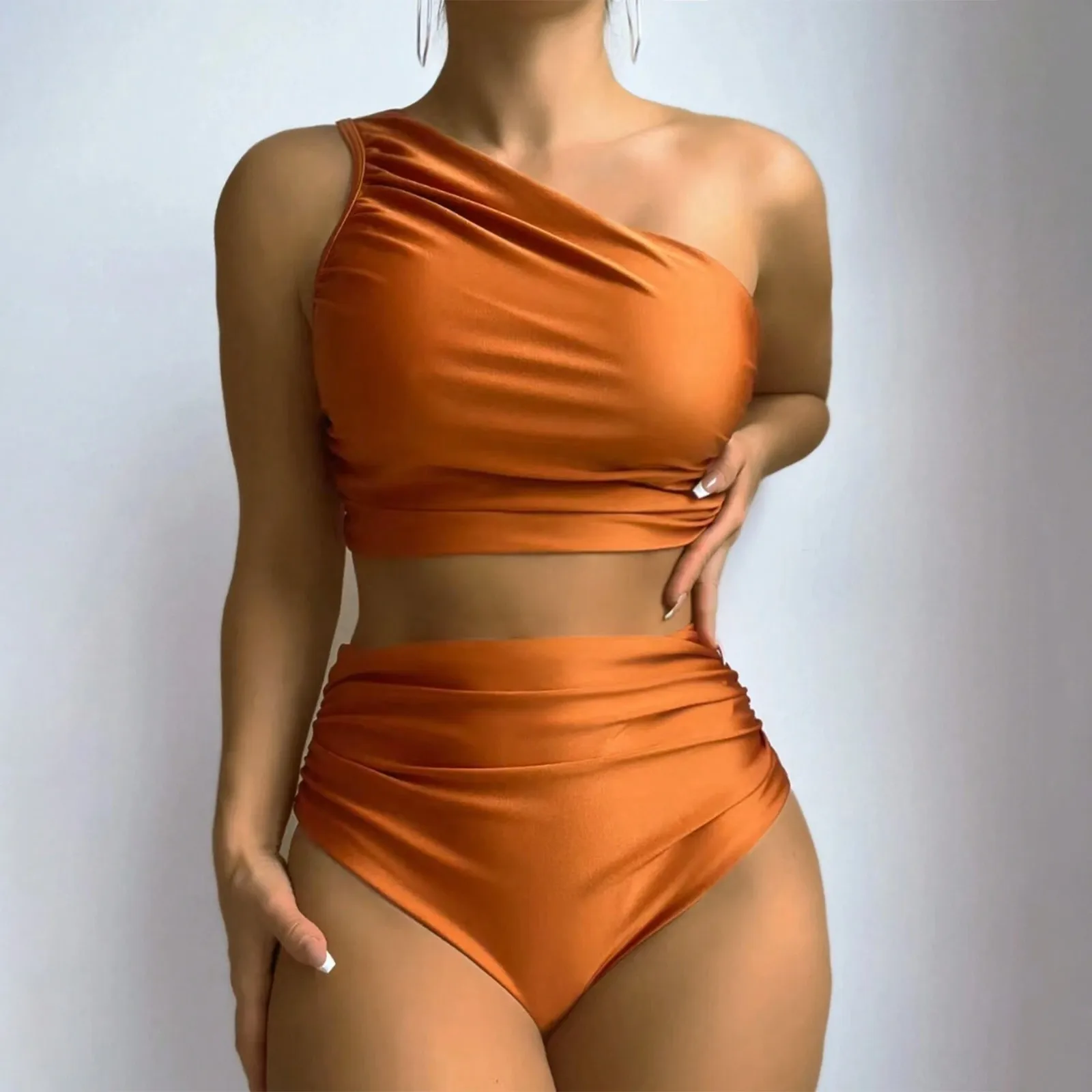 Sexy Women One Shoulder Swimwear 2024 Summer Solid Backless High Waist Bikini Beachwear Push Up Vintage Ruched Bathing Suit