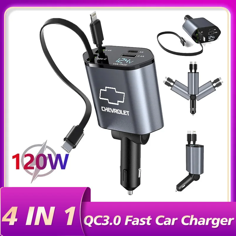 

120W Super Fast IPhone Android Car Charger Adapter Retractable Cables QC3.0 PD USB Type-C For Chevrolet Spark Captiva Cruze