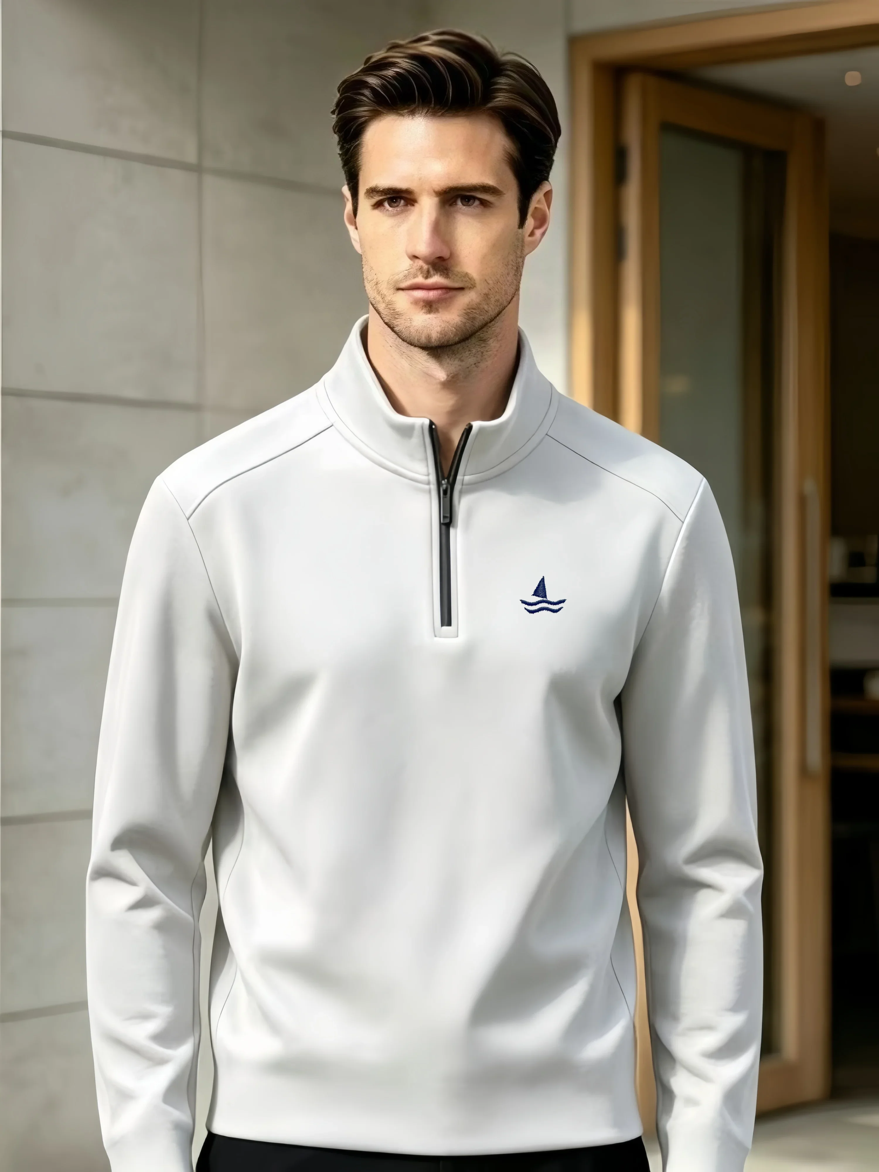 Luxury autumn comfortable new double-sided velvet warm long sleeved exquisite embroidered men zipper stand up collar T-shirt top