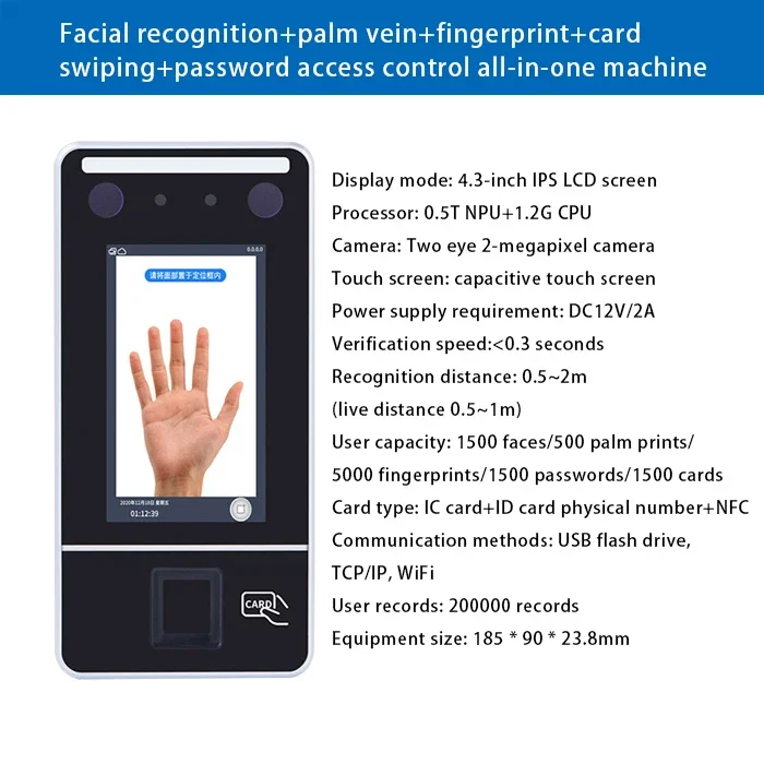 008 001 Biometrisches Mitarbeiter-Anwesenheitsgerät, multifunktionales Gesichtserkennungsgerät, Palmar-Venenerkennung für Büros