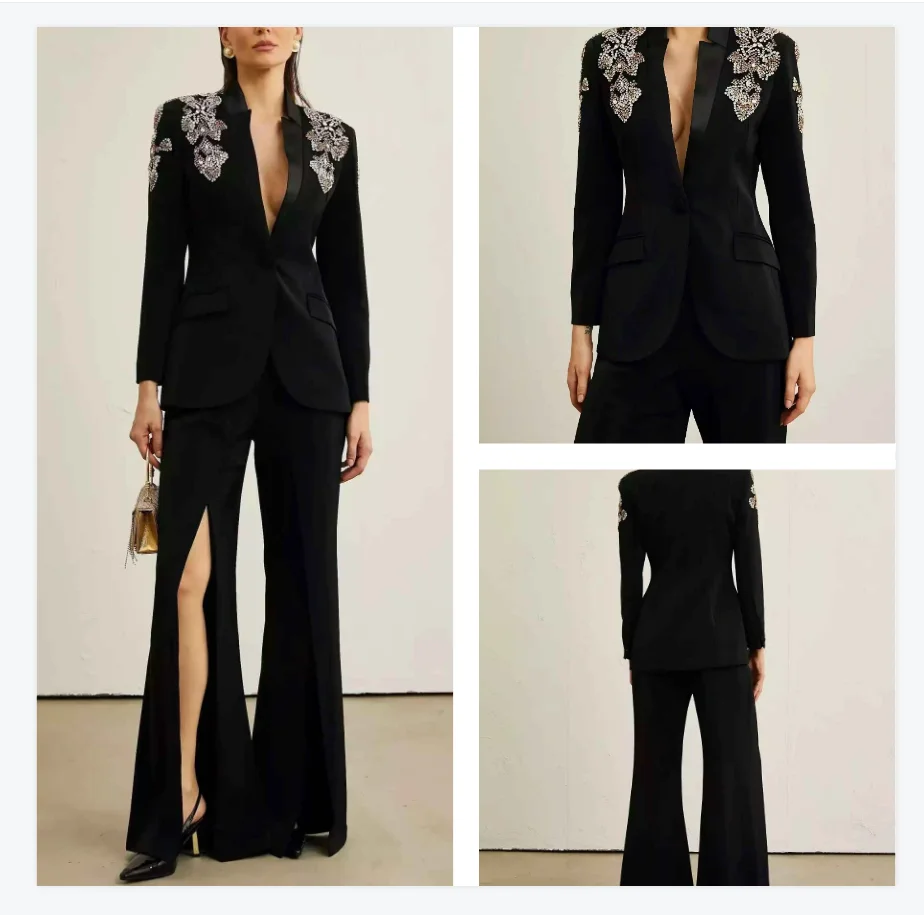 

Stone Black Women Suit Set 2 Pcs Blazer+Split Pants Trousers Formal Office Lady Jacket Customized Wedding Prom Party Coat