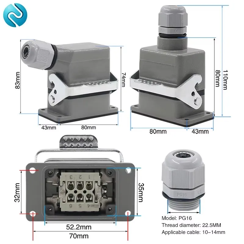 Rectangular heavy duty connector HE-06 core industrial waterproof aviation plug socket 16A top line and side outlet