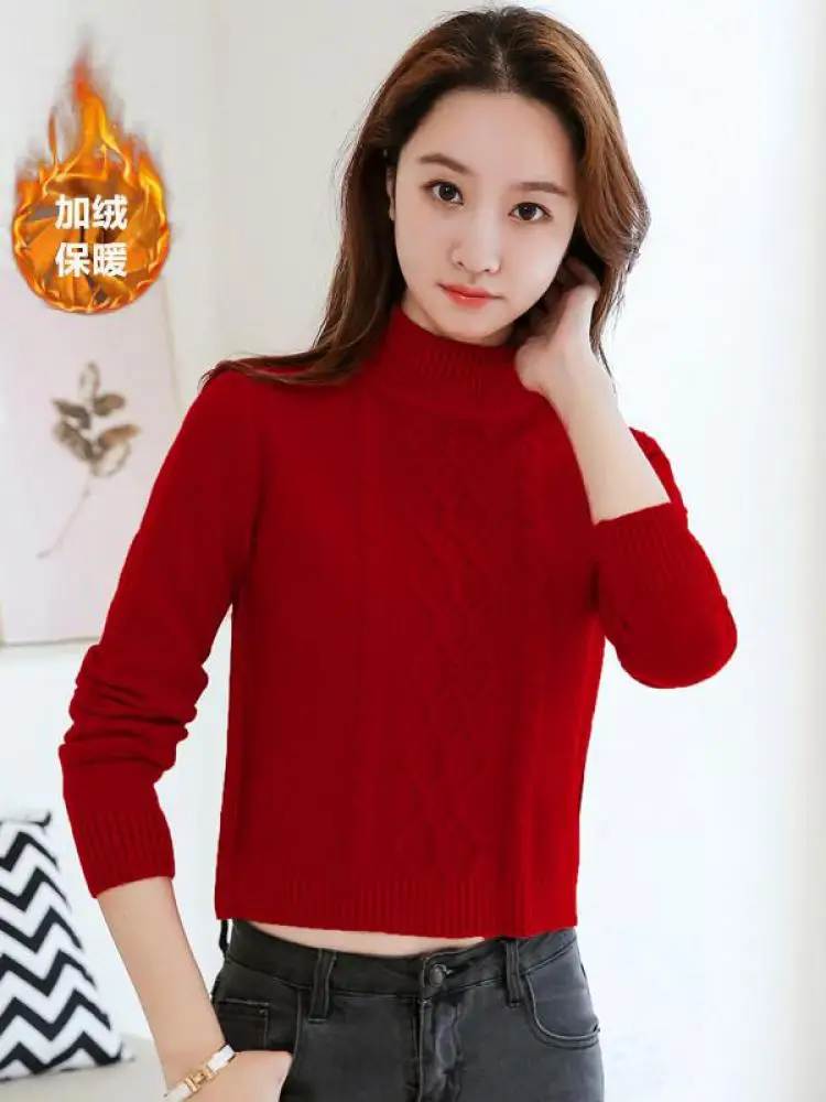 

Autumn Winter Solid Velvet Elegant Half High Neck Long Sleeve Pullover Sweater Korean Women Versatile Knitted Short Tops Thick