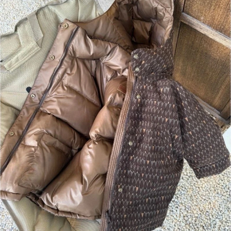 2025 Double-sided Winter Coffee Color Retro Medium and Large Children's Thick Warm Cotton Coat Jacket