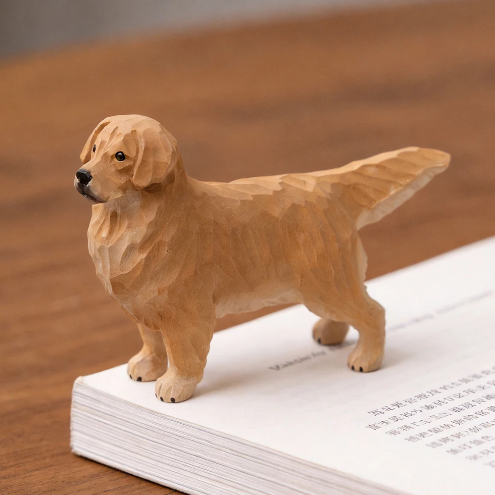 Natural Wood Handmade Dog Figurine Statue Decorative Golden Retriever Sculpture Living Room Desktop Ornament Home Decor Gift