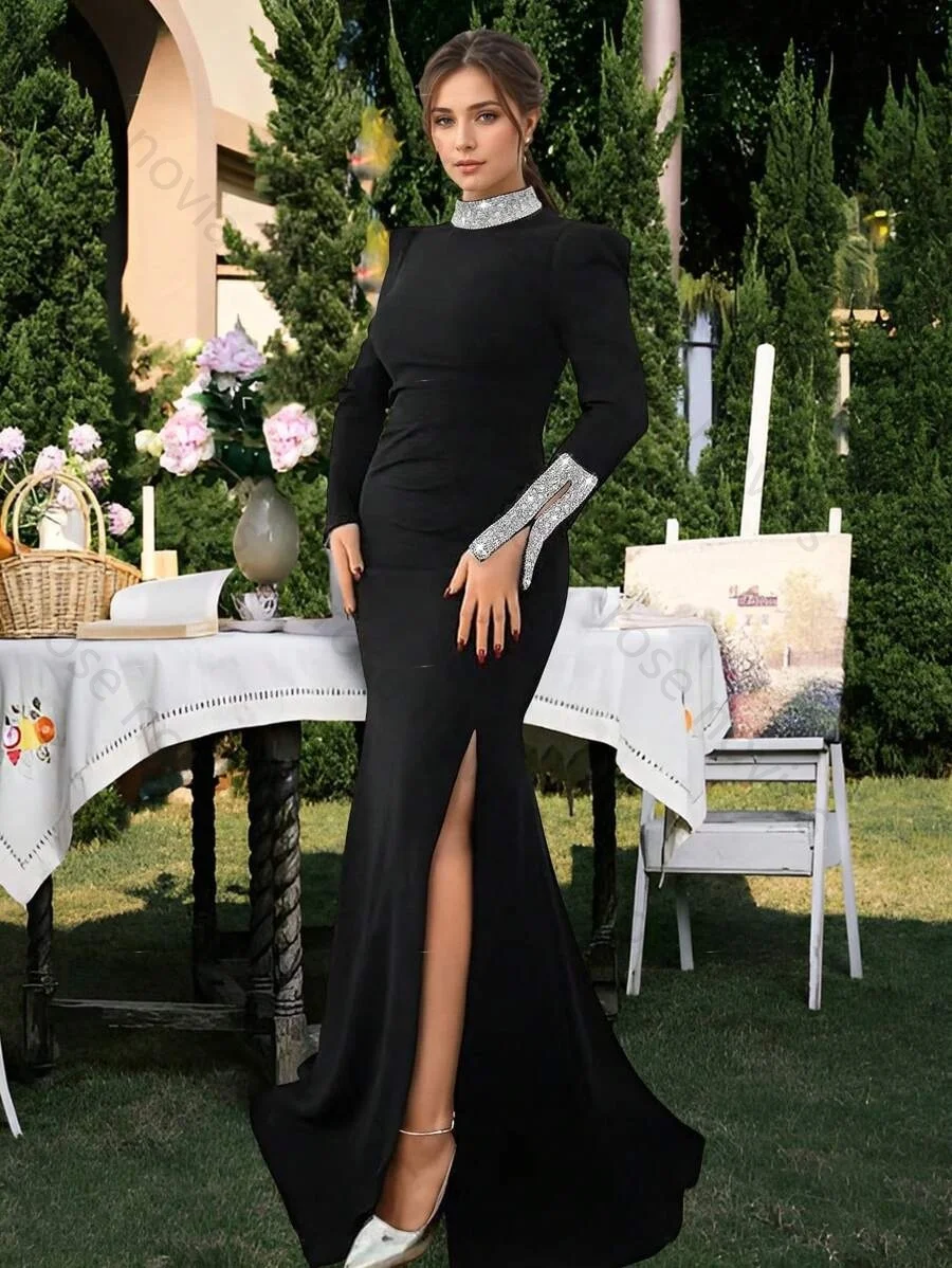 Hoge kwaliteit sexy zwarte avondjurken jersey voor vloerlengte o-hals prom party kralen asymmetrische robe de soirée op maat