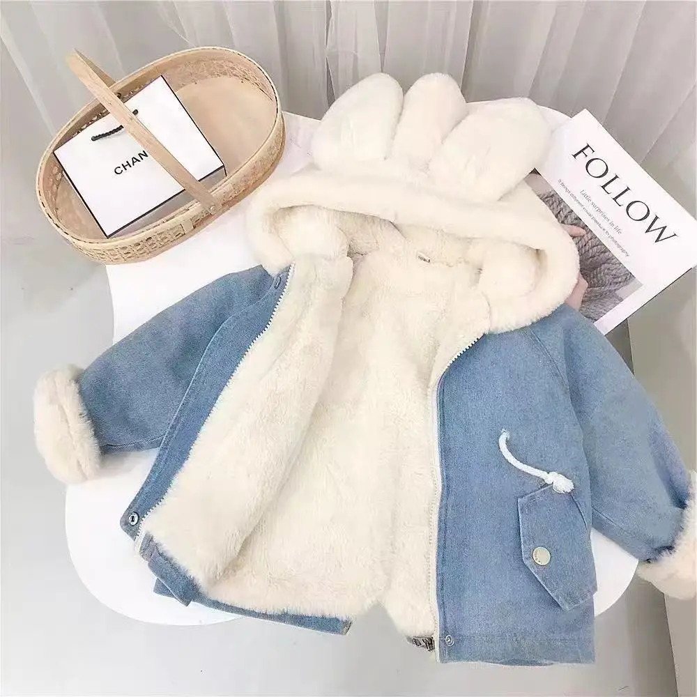 Girls Autumn Winter Denim Jackets 2026 New Fashion Kids Rabbit Ear Faux Fur Lined Thick Warm Coat Children Clothing
