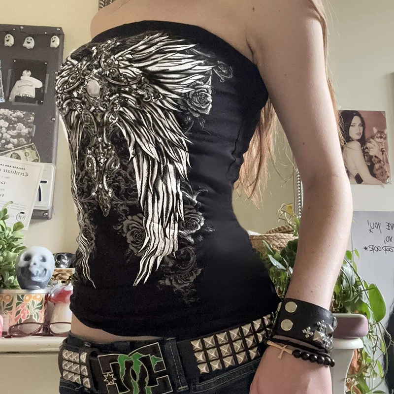 CIBBAR Gothic Print Black Tube Top Women Strapless Skinny Cropped Tops Summer Casual Chic Graphic Tees y2k Streetwear Vest Basic image 2
