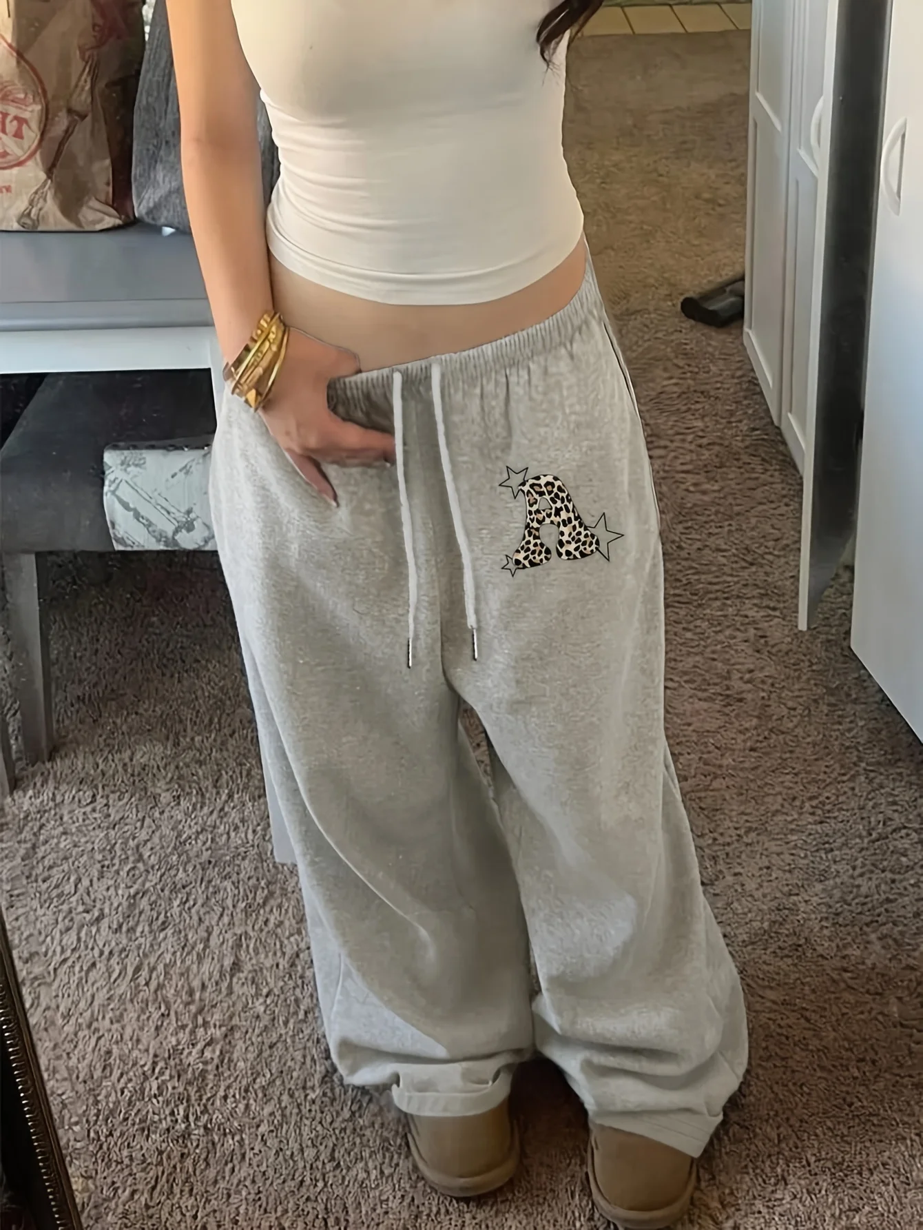 NEW 2026 Versatile Casual Fashion Trendy  Women'S Sweatpants Lucky Number 80 Easy Pattern Printed Home Commute Letter Print