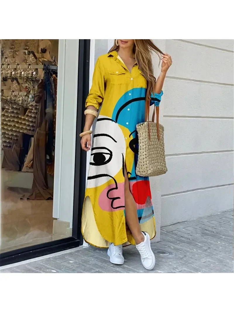 Women\'s Long Sleeved Printed and Ankle Skirt Casual Commuting Long Skirt Spring and Autumn Lapel Button A-line Skirt