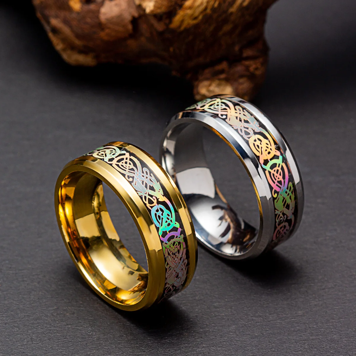 

Men's 8mm Rainbow Celtic Dragon Pattern Stainless Steel Ring Fashion Wedding Engagement Band Charm Jewelry Gift
