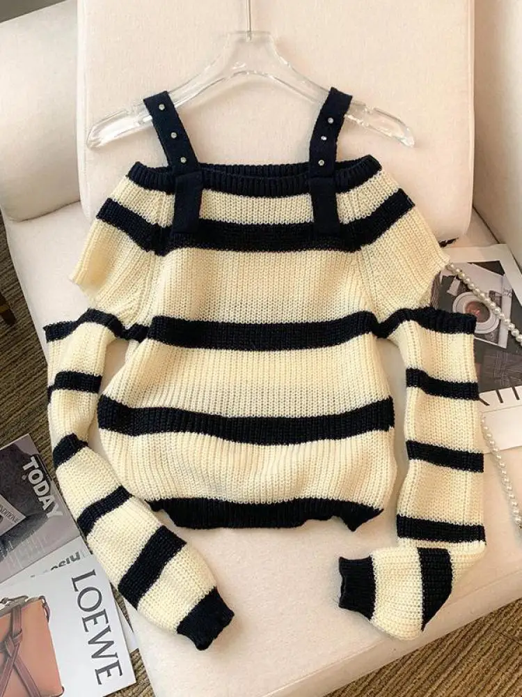 Autumn Y2k Harajuku Women Beige Striped Patchwork Sweater Fashion Pink Loose Off Shoulder Casual Knitted Pullover Tops Femme New