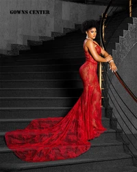 Red Spaghetti Lace Mermaid Beaded Aso Ebi Evening Dress 2024 Lace-up Corset African Ladies Dresses Party Gowns Customized