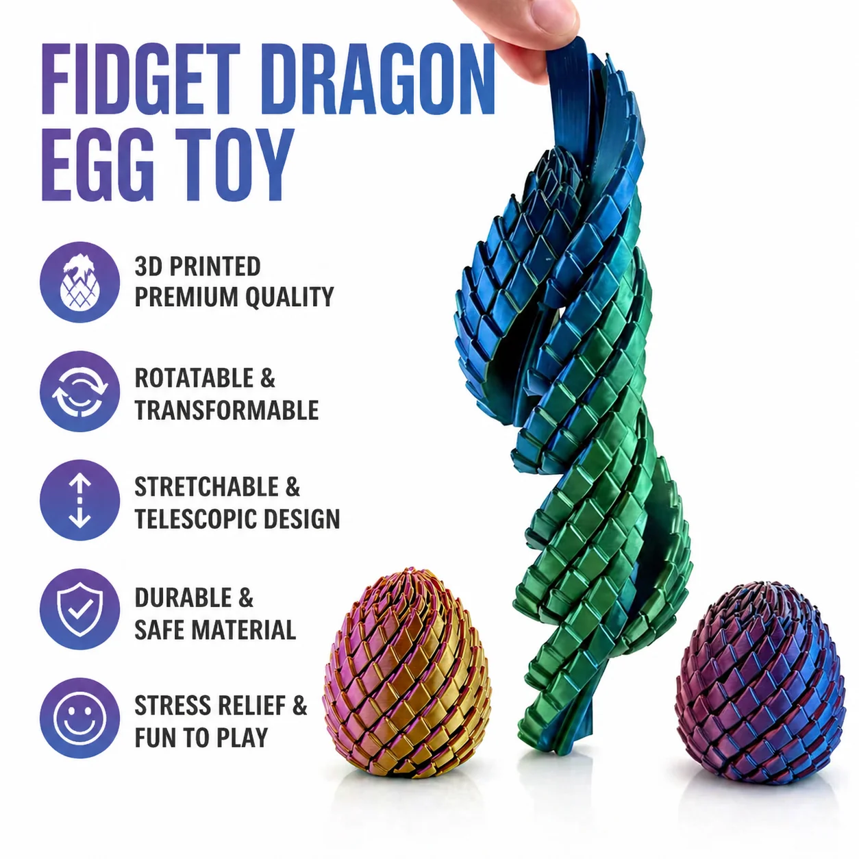 3D Printed Dragon Egg Stress Toy Articulated Stretching Sensory Fidget Toy Deformable Dragon Egg Gift for Kids Adult Fidgets