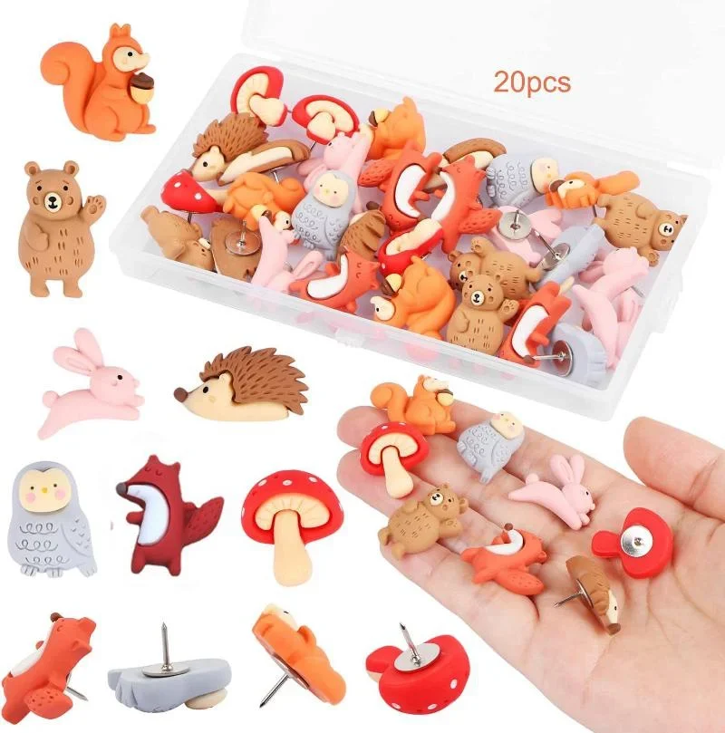 20 Pcs Forest Animals Push Pins Resin Squirrel Fox Owl Mushroom Pins Decorative Thumb Tacks Bulletin Photos Wall Classroom Decor