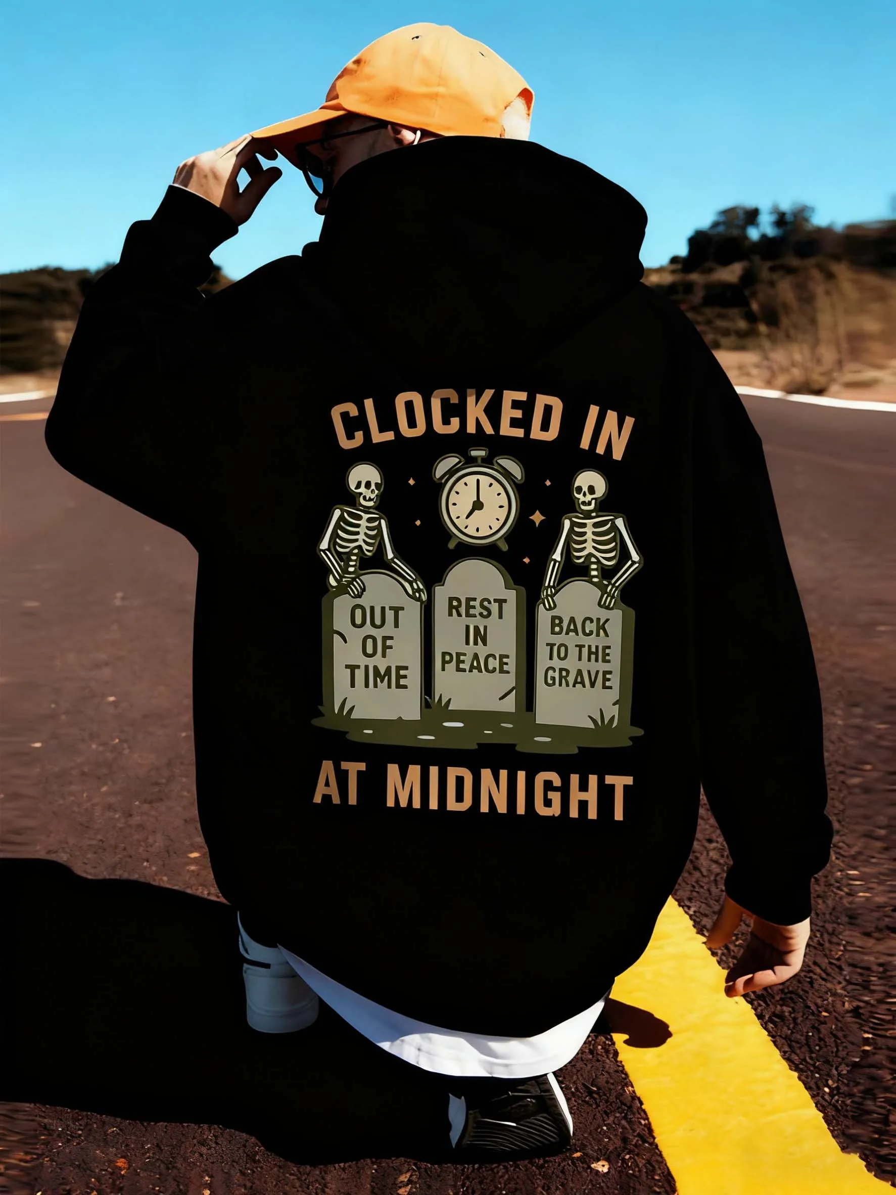 منتصف الليل تحقق في الهيكل العظمي نمط الرجال السترة هوديي، فضفاضة تناسب. مثالية لأزياء الهالوين.