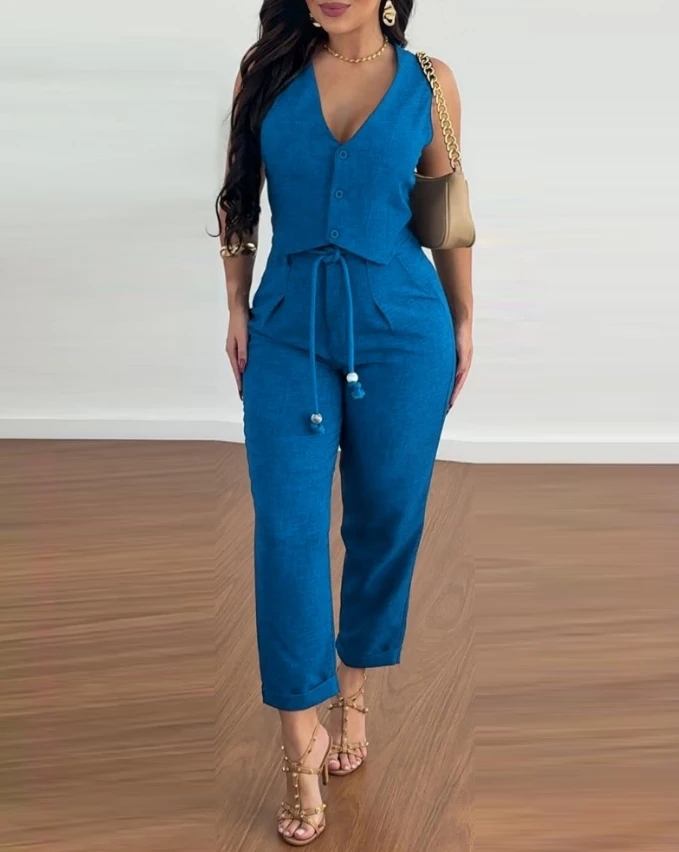 Sexy Elegant V-Neck Buttoned Vest Top Pocket Design Tied Detail Pants Set Womens Two Piece Sets New Fashion 2024 Summer Casual