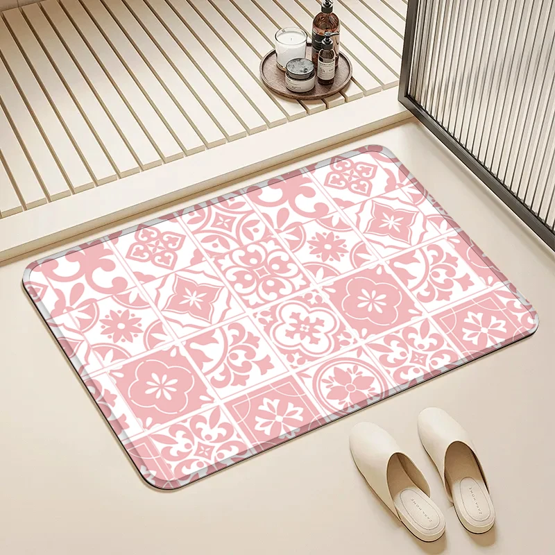 

Pink White Tile Pattern Doormat Non-Slip Floor Mat Home Entrance Door Rug Vintage Decor Kitchen Bathroom Supplies