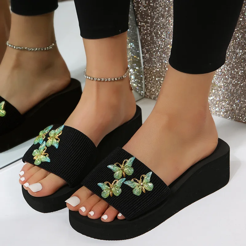 Large Fashion Butterfly Thick Bottom Slippers for Women 2025 New Style Slope Heel Flat Bottom One Line Cloth Shoes