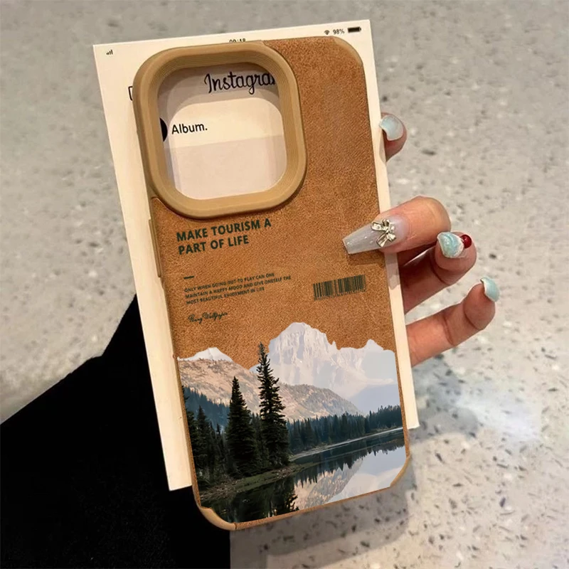

For iPhone 16 Pro Max 15 14 13 12 11 Case Mountain Motif Lake Scenery Cover For iPhone XS Max XR X XS 16 Plus Faux Leather Funda