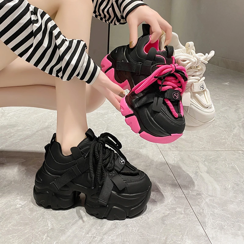 Fashion Chunky Sneakers Women Autumn Lace Up Platform Sports Shoes 7.5CM Thick Bottom High Heels Female Leather Sneakers Woman