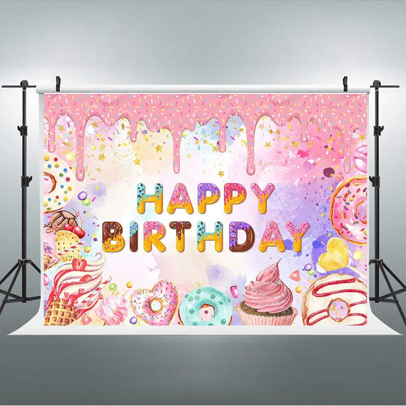 Fondo con temática de Donut para fotografía de chica, cartel de feliz cumpleaños, helado, caramelo, postre, deoraciones, utilería para fotomatón
