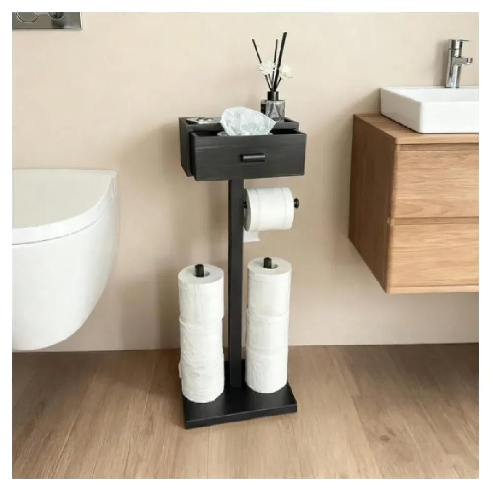 

Toilet Paper Holder Stand With Shelf, Black Wood Toilet Paper Roll Holder With Wet Wipes Storage Drawer,Bathroom2 Rods,Stores 6