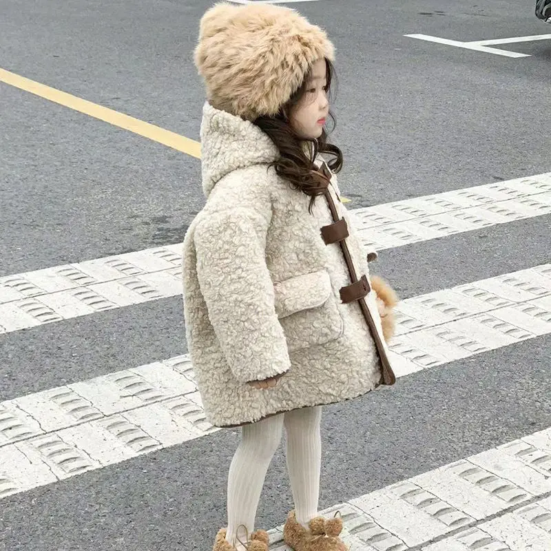 Girls\' Coat Autumn and Winter New Korean Style Trendy and Trendy Plush Hooded Jacket for Children