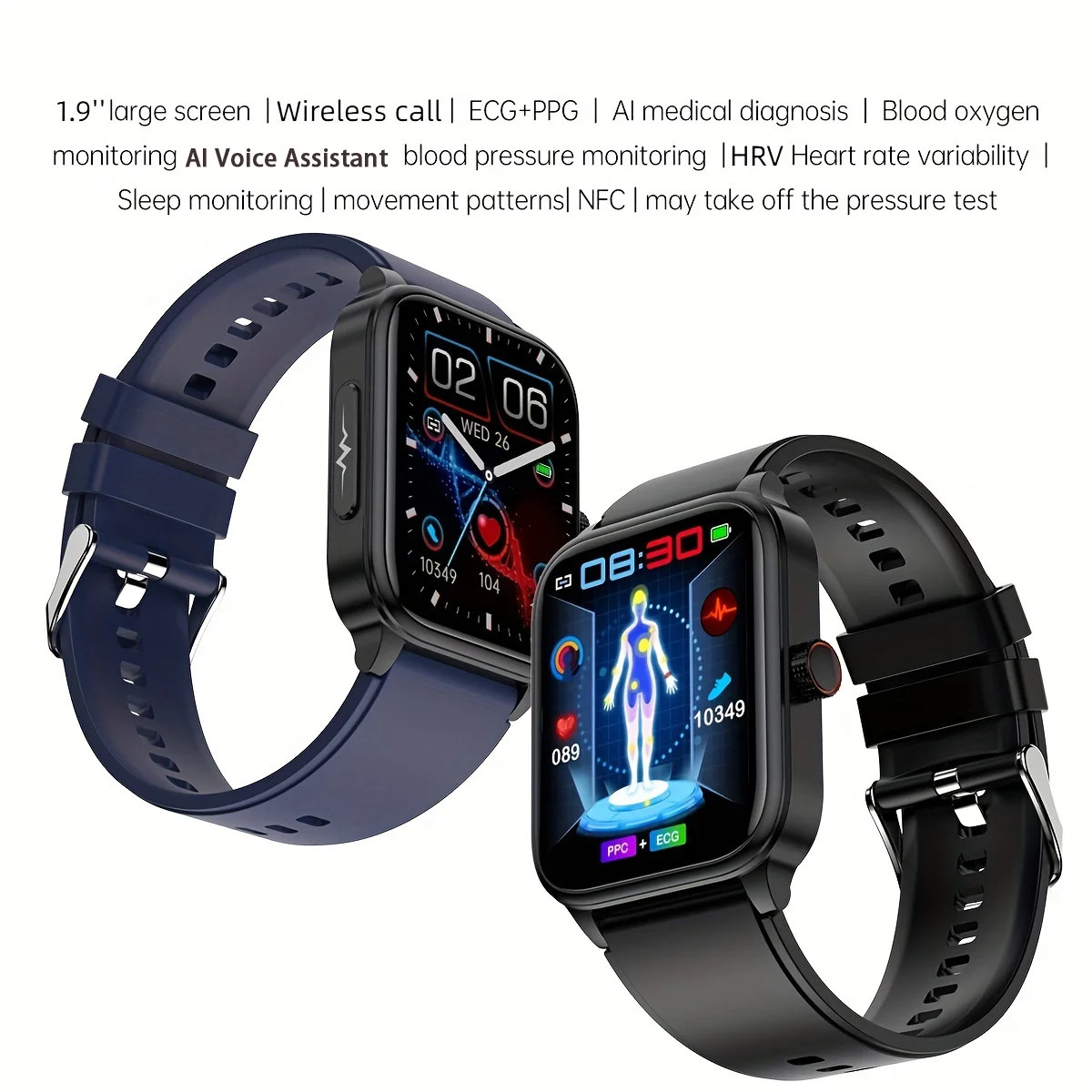 ECG Smart Watch with Body Temp/ Sleep Monitor, Answer/Make/Reject Calls, Waterproof Sport 1.85'' Fitness Tracker with 100+Sports