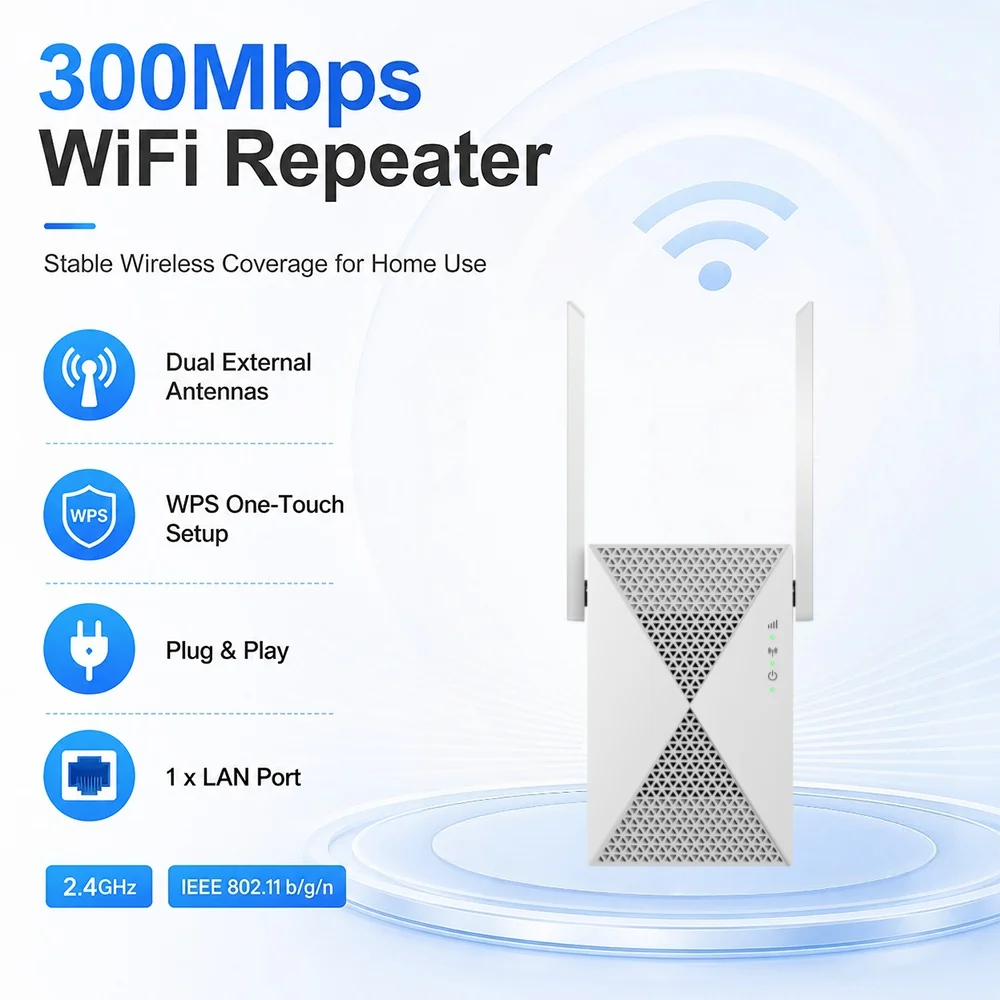 WiFi Extender Signal Booster Internet Repeater with 4Antennas 300Mbps Ethernet Port Wireless Home Long Range 100-250sqm Coverage