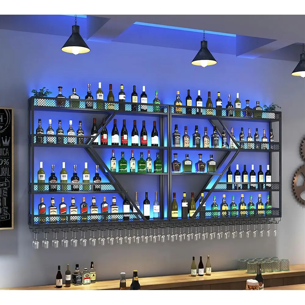 

Contemporary 59 Wall-Mounted Wine Rack with LED, 3-Tier Liquor Shelf for Bars (Black, Blue Light)