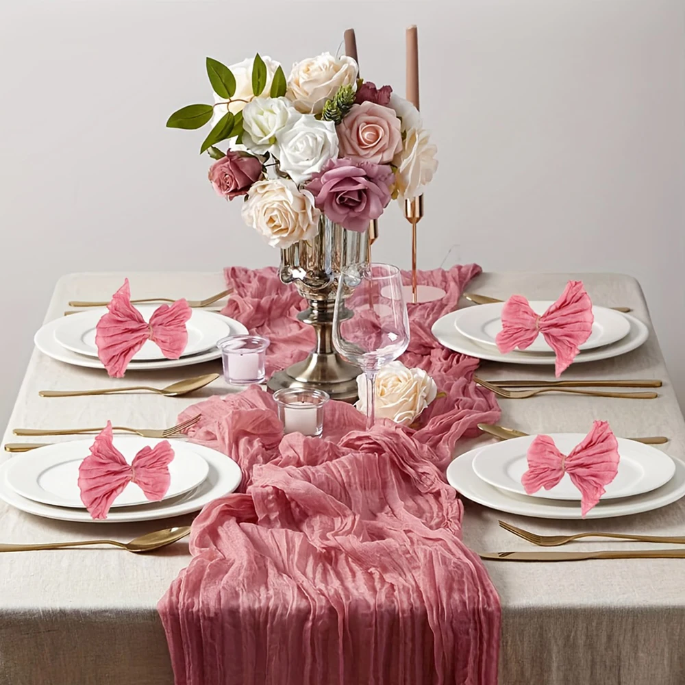 7 Pcs Cheesecloth Table Runner and Napkins Set Boho Gauze Cheese Cloth Rustic Wrinkled Decor for Wedding Birthday Party Dinner