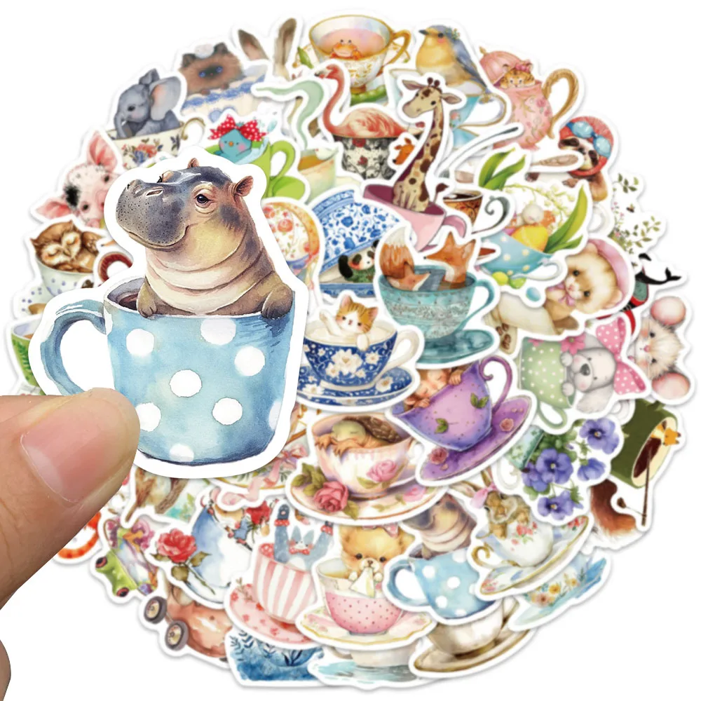 50pcs Cute Cartoon Aesthetic Teacup Animals Stickers Kis Water Bottle Decals Luggage Guitar Phone Laptop Vinyl Sticker