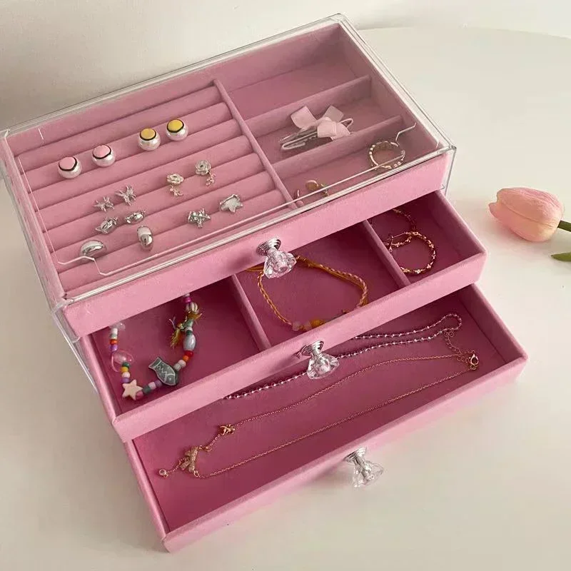 Rectangular 5Tier Acrylic Jewelry Organizer Box, Elegant Display Case with Dust-Proof Cover for Rings Necklaces Earrings Storage