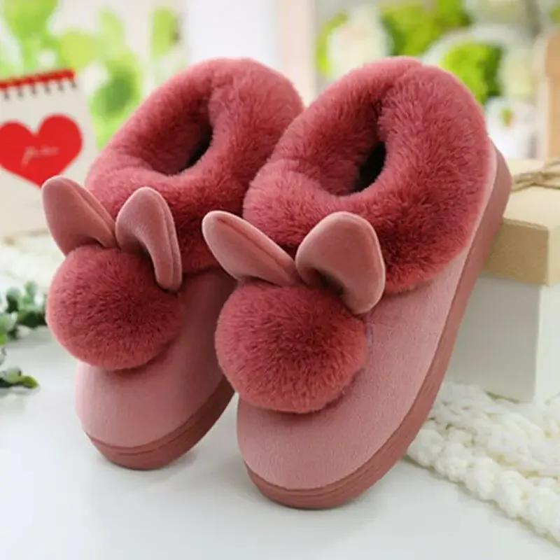 Pantoufles plates en coton moelleux pour femmes, oreille de lapin de dessin animé, maison, intérieur, fourrure, chaud, doux, chaussures en peluche, automne, hiver, mignon