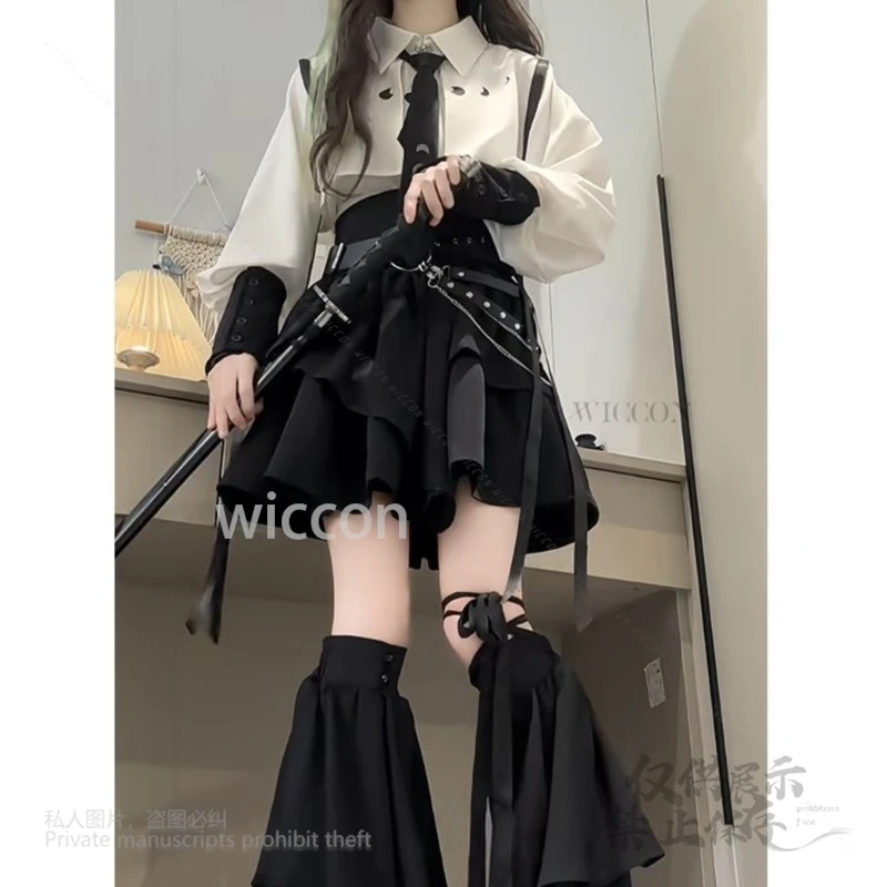 Jirai kei y2k estilo doce rendas até camisa fina subcultura cintura alta bandagem saia magro sólido streetwear gótico jk vestido feminino