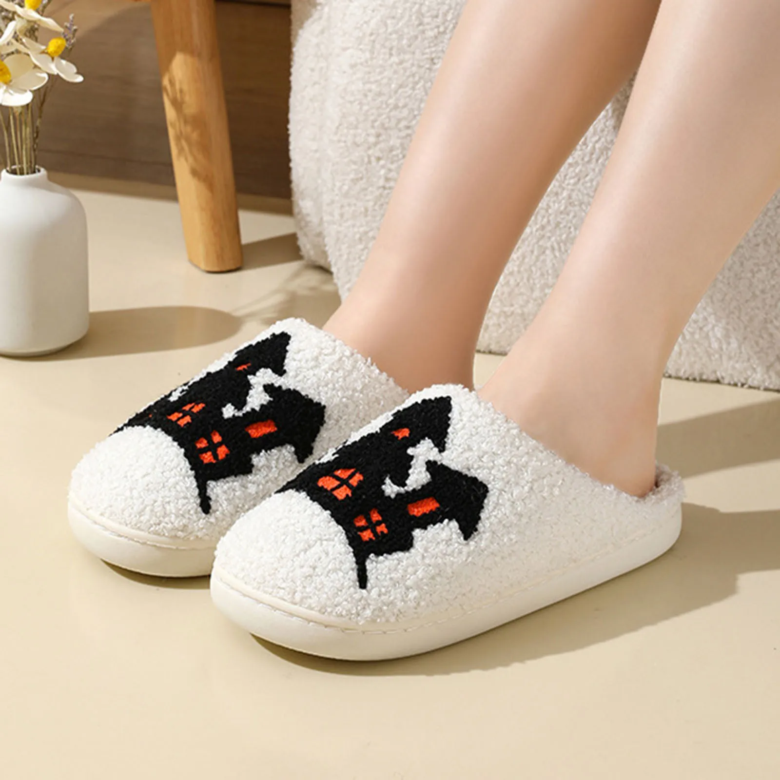 Women Men Winter Home Warming Slippers Halloween Horror Castle Witch Hat Spider Cotton Slippers Embroidery Non-slip Indoor Shoes