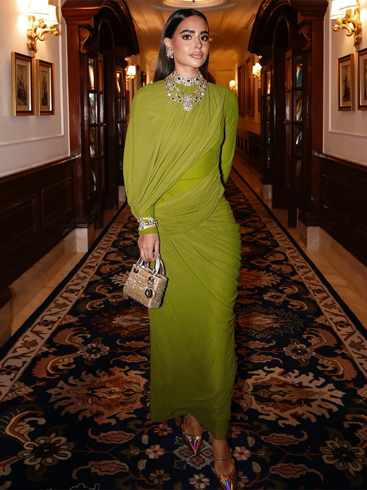 Sisterlinda malha xale vestido feminino sexy moda dupla camada ruched manga cheia o pescoço estiramento magro festa banquete vestidos